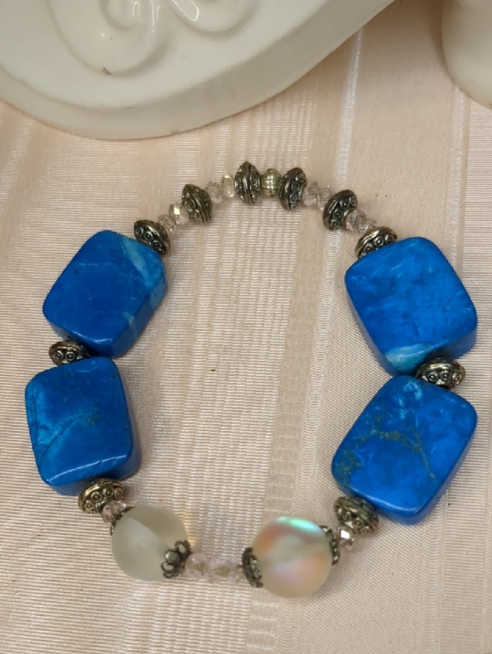 3/$15 Vintage Blue Stone and Frosted Bead Stretch Bracelet